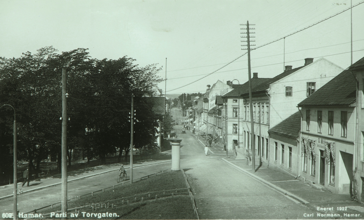 Postkort, Hamar, Torggata 63 - 65, Triangelen, park, Samlagsgården og forretningen til  O. Wiik,