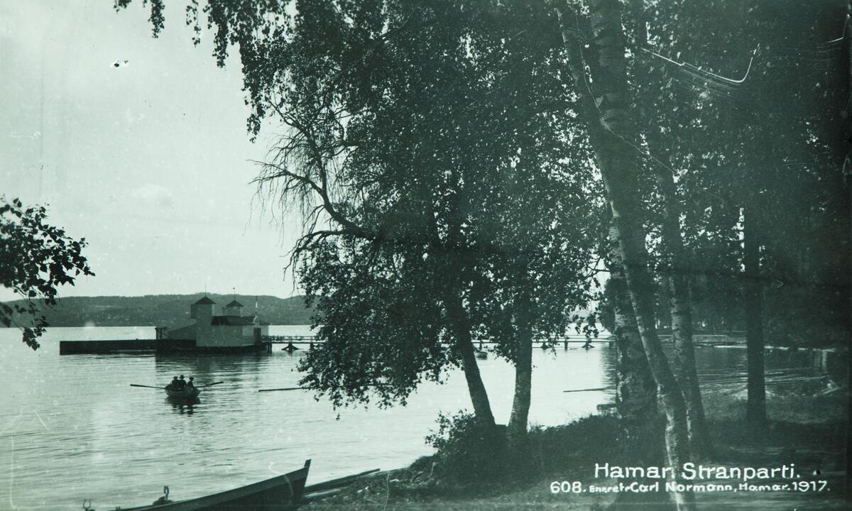 Postkort, Hamar, Storhamarstranda, Hamar sjøbad, robåt, badehus,