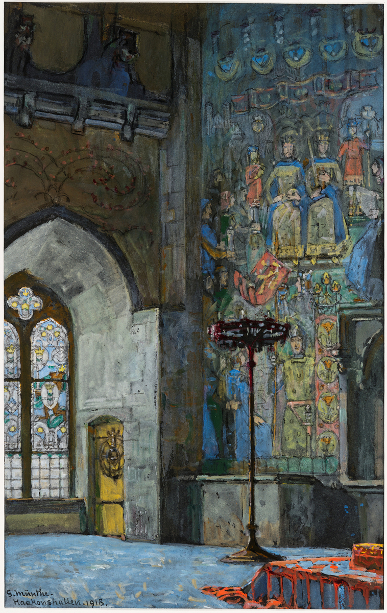 Gerhard Munthes egen romdekorasjon av Håkonshallen (1910-15, tapt 1944). Spissbuet vindu med glassmalerier til venstre. Til høyre veggmaleri med motivet "Kong Håkon og Magnus krones".