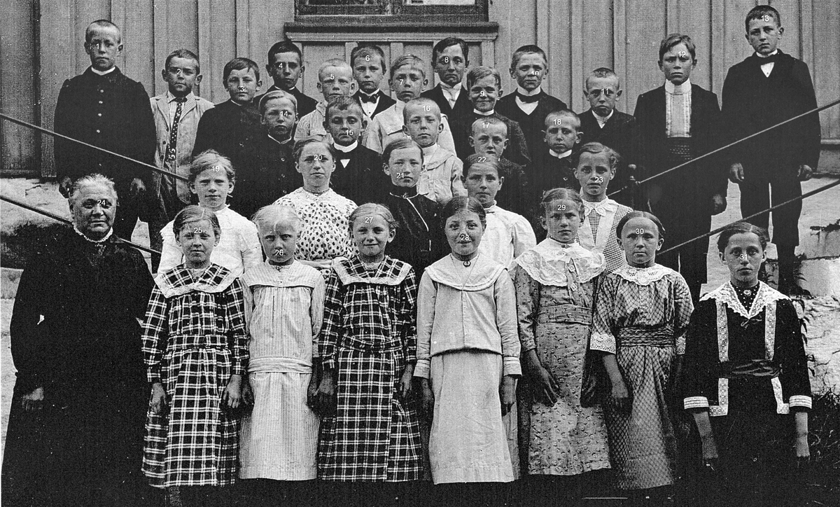 Folkskollärarinnan Constance Engström med elever på trapporna till Sällstorps första skolhus, som låg i Lugnet. Fotografiet lär vara taget omkring år 1914. Constance hade tjänsten vid folkskolan åren 1891-1921.

Se Bild 2 för numrering av barnen, överst fr v: nr 2 Ragnar Börjesson, Karlsberg; nr 5 Horse Herman (f. 1904); nr 6 Karl-Ander Edvardsson, Lellehansa (f. 1903); nr 8 Sväs Anders, Ulvatorp (f. 1902); nr 9 Torkels Gunnar (f 1903); nr 10 Kålhage Sven (f 1903); nr 11 Sväs Ragnar, Holmåkra (f 1903); nr 12 på trappan Kulla Nils (f 1902). Framför dem: nr 15 Sväs Gunnar, Ulvatorp (f. 1904); nr 16 Ivar M, Hästhagen (f. 1905); nr 17 troligen Sväs Härder, Holmåkra (f. 1905); nr 18 troligen Annersa Ivar (f. 1905). Flickorna rad 2 fr v: nr 19 Hilma J, Hansa; nr 23 Gerda J, Hansa. Främsta raden: nr 30 Vävars Ester (f. 1905); nr 31 Gunnars Selma (f. 1903).