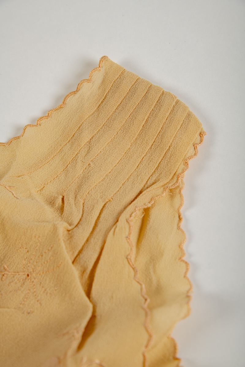 Nattkjole fra Paris, 1930-årene. Silkekjole med lys rosa-beige crépe-de-chine bærestykker.  Tunget bærestykke som i ryggen går over i hverandre i en spiss. 
Foran: legg fra skulderen et kort stykke, buede sømmer på midten, brodert med tynne grener i samme farge som stoffet og med applikerte, firbladete blomster. Tungete kantborder.  Utskrådd skjørt med en kile i hver side.