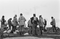 SM i Kustfiske 1975. Deltagare med nummerlappar på ryggarna.