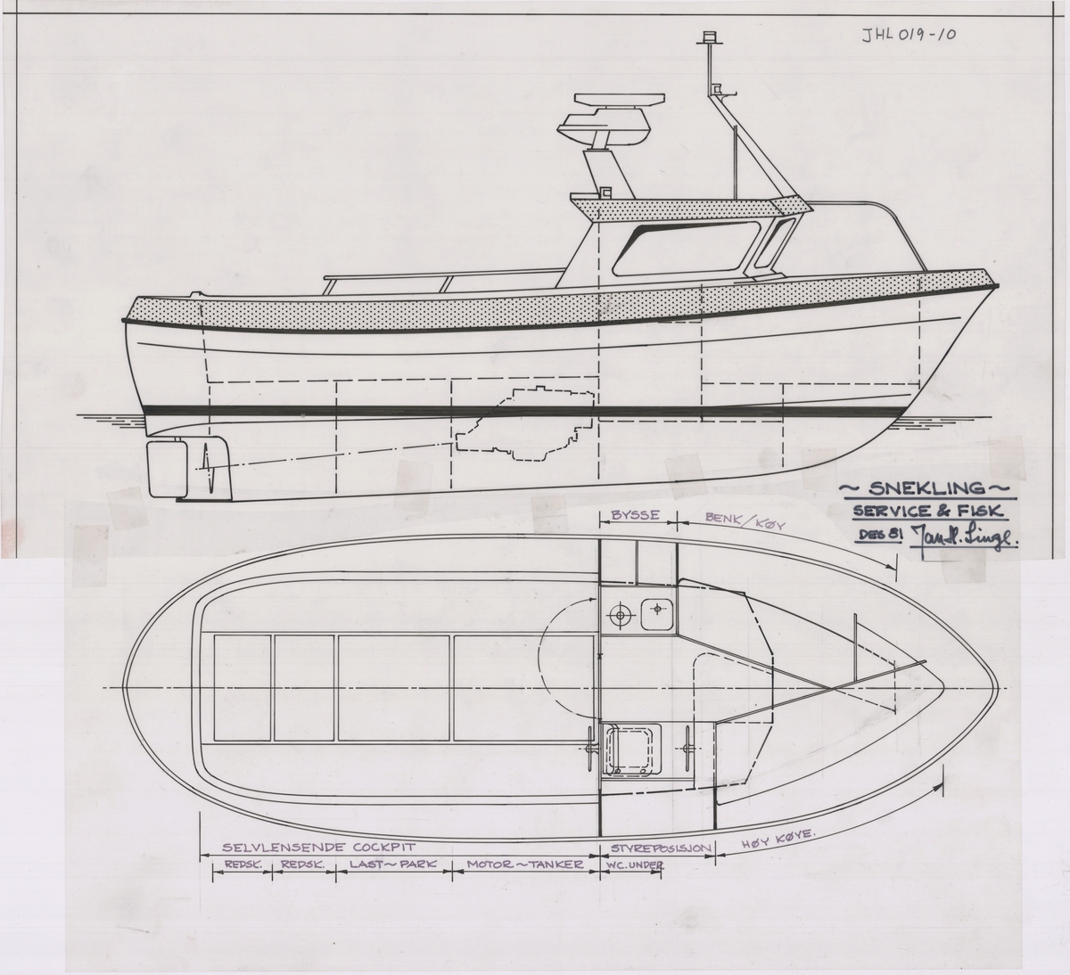 Snekling. Motorbåt. Service & fisk. Inboard 25-65 HK. 58,7 t.­. 1:20