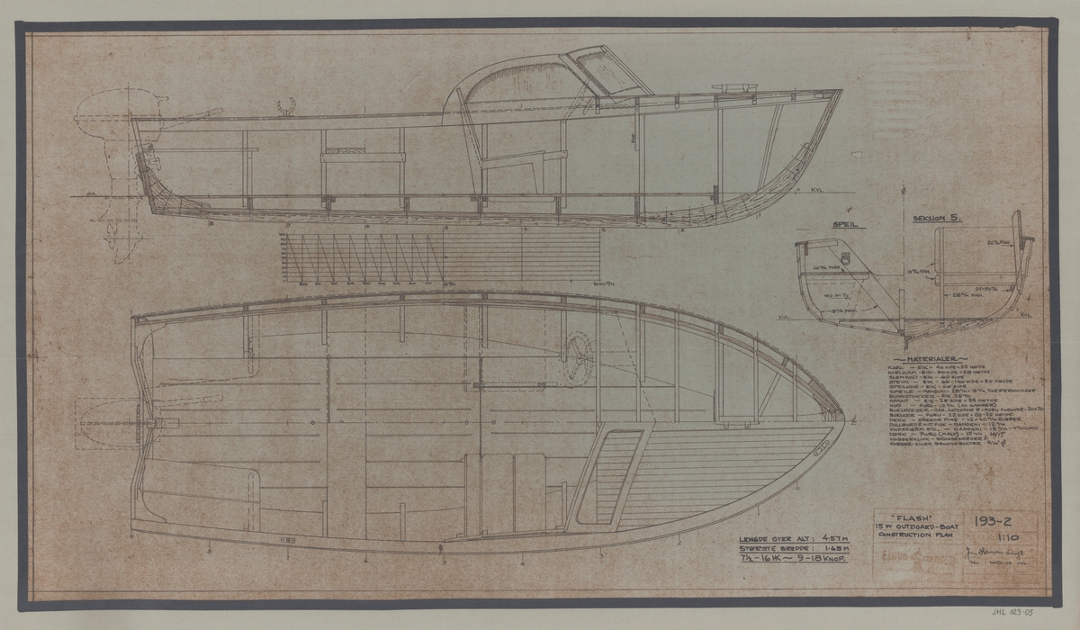 Flash. Passbåt. 15 fot Outboard-boat.Construction Plan. 1:10