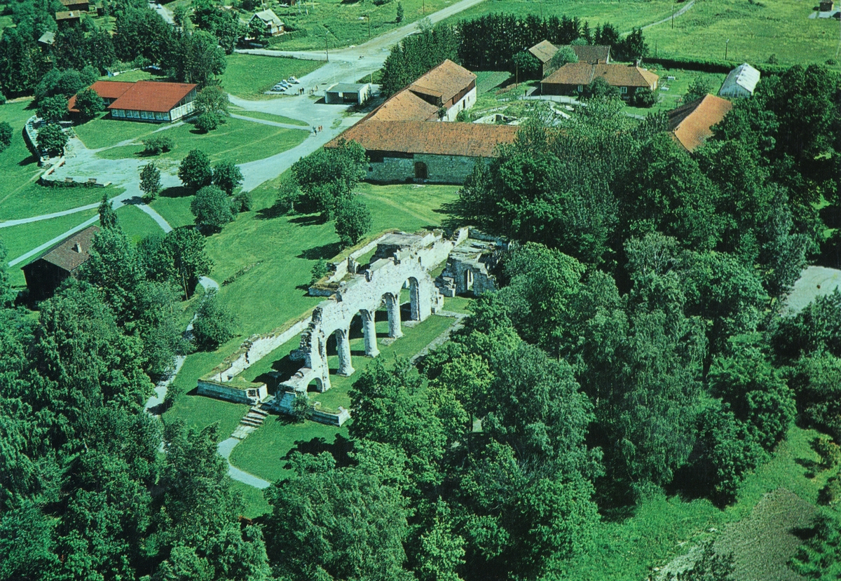 Postkort, Hamar, flyfoto, Domkirkeruinen på Domkirkeodden, Storhamarlåven før restaurering, friluftsmuseum,