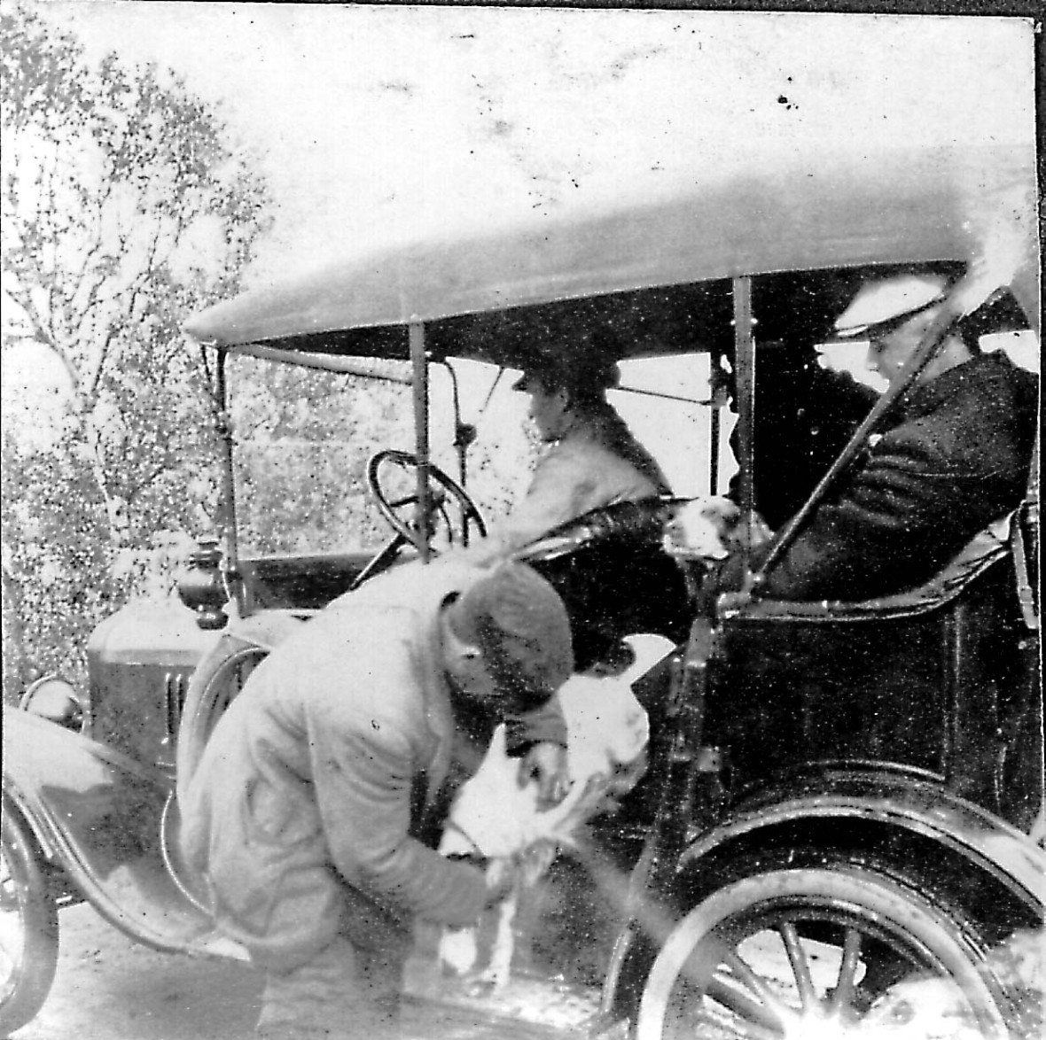 Billedtekst: "Med bilen paa jagt til Andvaagan." Jegerne kjøres fra Melbu til Anvågen ved Stokmarknes. Jens frederiksen sitter i bilen med lys skyggelue. Hunden er med. Engelsksetter