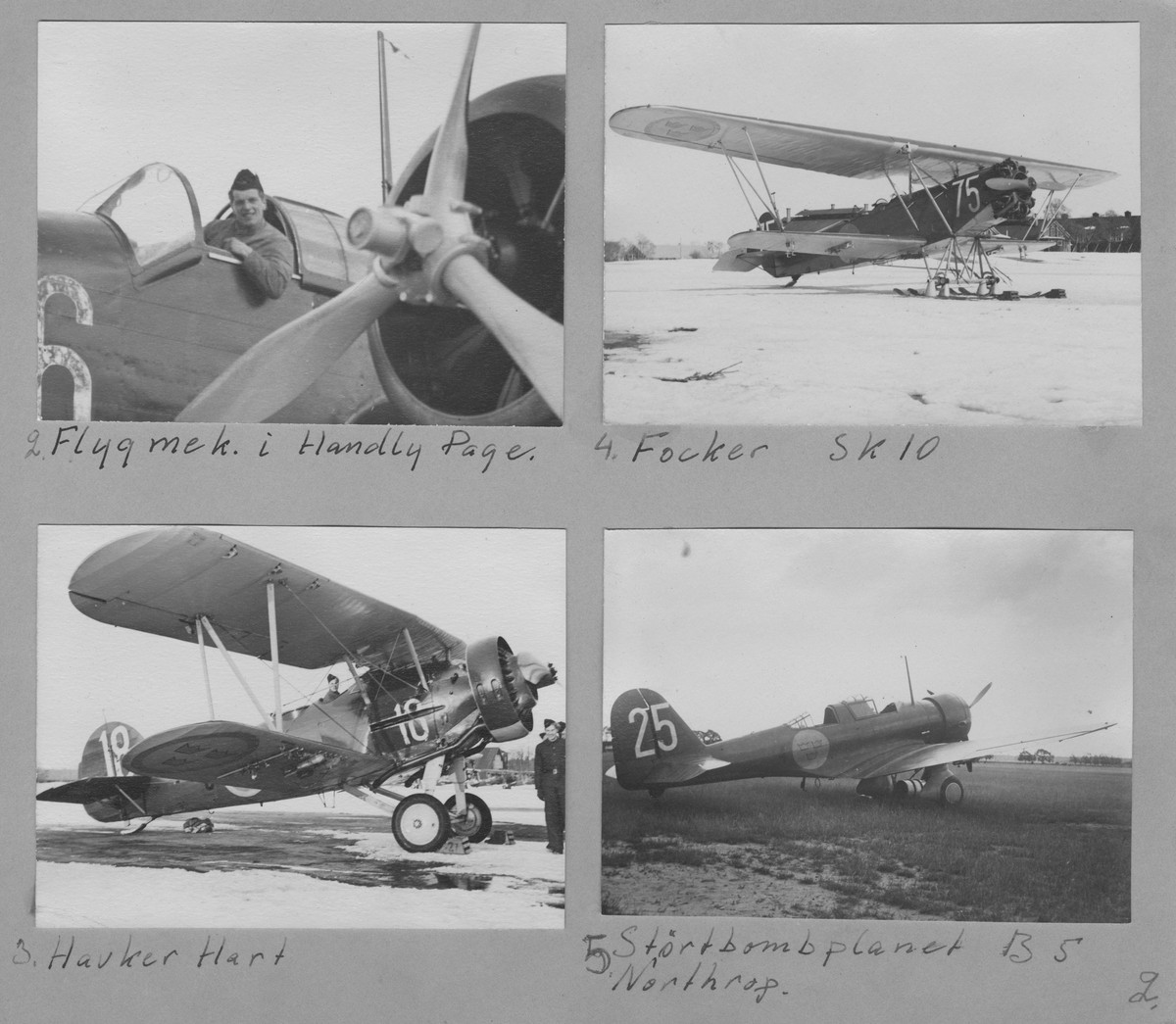 Fotografier av flygplan på F 3 Östgöta flygflottilj, omkring 1936-1940.

Tagna av värnpliktige Evert Skirgård.

27 fotografier monterade på 4 lösa albumblad.

Motiv:
Flygmekaniker i provflygplan P 5 Handley Page Hampden. Flygbild, moln 3000 meters höjd.
Flygplan: P 5 Handley Page, interiör, B 4 Hawker Hart på marken, S 6 Fokker C.V.-E på marken, B 5 Northrop på marken, P 6 Focke Wulf, exteriör på marken och interiör; styrspak och instrument, B 3 Junkers Ju 86 på marken, i luften, interiör med instrument och nos, Sk 15 Klemm Kl 35 på marken, P 1 Sparmannjagaren på marken, Sk 11 Tiger Moth på marken, Trp 3 Dragonfly på marken, Tp 5 Junkers Ju 52/53, Tp 47 Catalina på marken (bild tagen senare än angiven tidsperiod), S 14 Storch, J 9 Seversky, S 16 Caproni på marken, interiör med instrument, J 11 Fiat CR 42 på marken, J 20 Reggiane på marken.