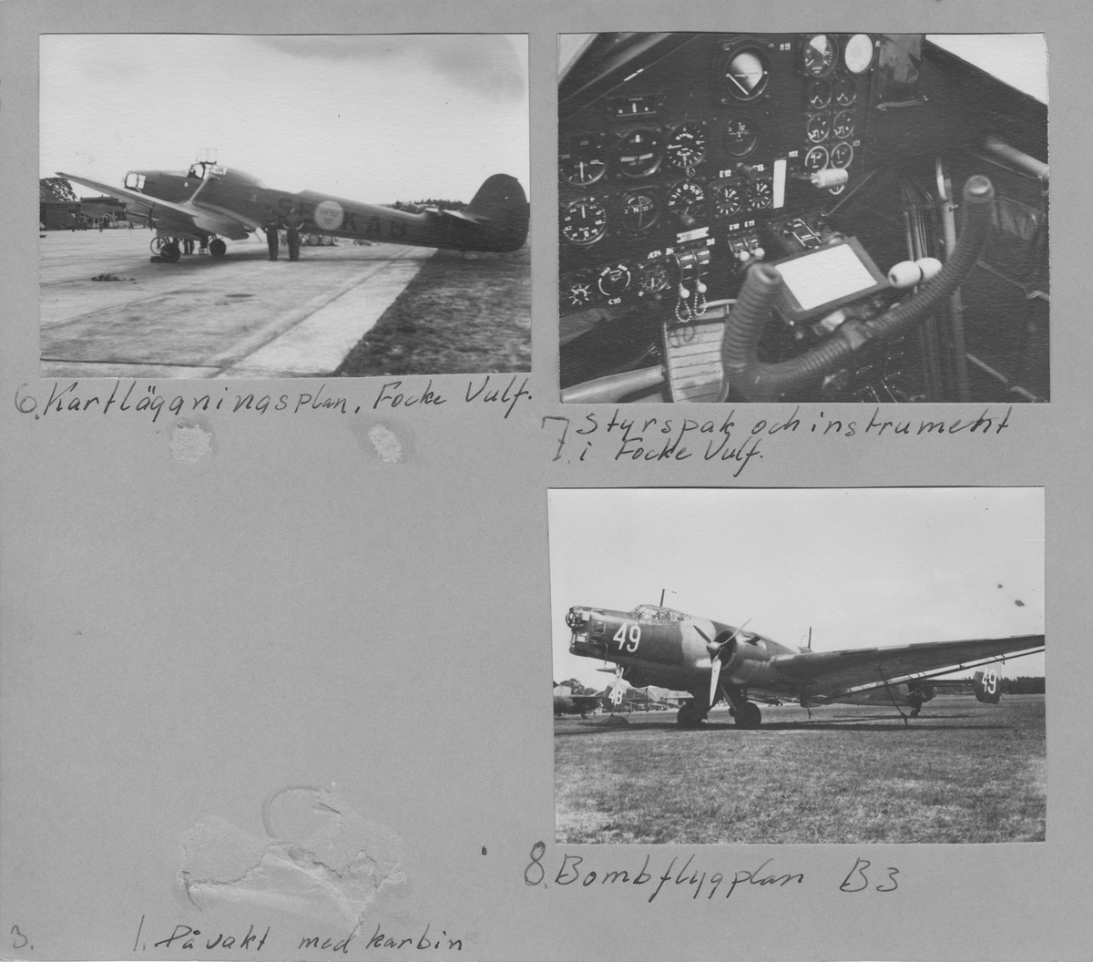 Fotografier av flygplan på F 3 Östgöta flygflottilj, omkring 1936-1940.

Tagna av värnpliktige Evert Skirgård.

27 fotografier monterade på 4 lösa albumblad.

Motiv:
Flygmekaniker i provflygplan P 5 Handley Page Hampden. Flygbild, moln 3000 meters höjd.
Flygplan: P 5 Handley Page, interiör, B 4 Hawker Hart på marken, S 6 Fokker C.V.-E på marken, B 5 Northrop på marken, P 6 Focke Wulf, exteriör på marken och interiör; styrspak och instrument, B 3 Junkers Ju 86 på marken, i luften, interiör med instrument och nos, Sk 15 Klemm Kl 35 på marken, P 1 Sparmannjagaren på marken, Sk 11 Tiger Moth på marken, Trp 3 Dragonfly på marken, Tp 5 Junkers Ju 52/53, Tp 47 Catalina på marken (bild tagen senare än angiven tidsperiod), S 14 Storch, J 9 Seversky, S 16 Caproni på marken, interiör med instrument, J 11 Fiat CR 42 på marken, J 20 Reggiane på marken.