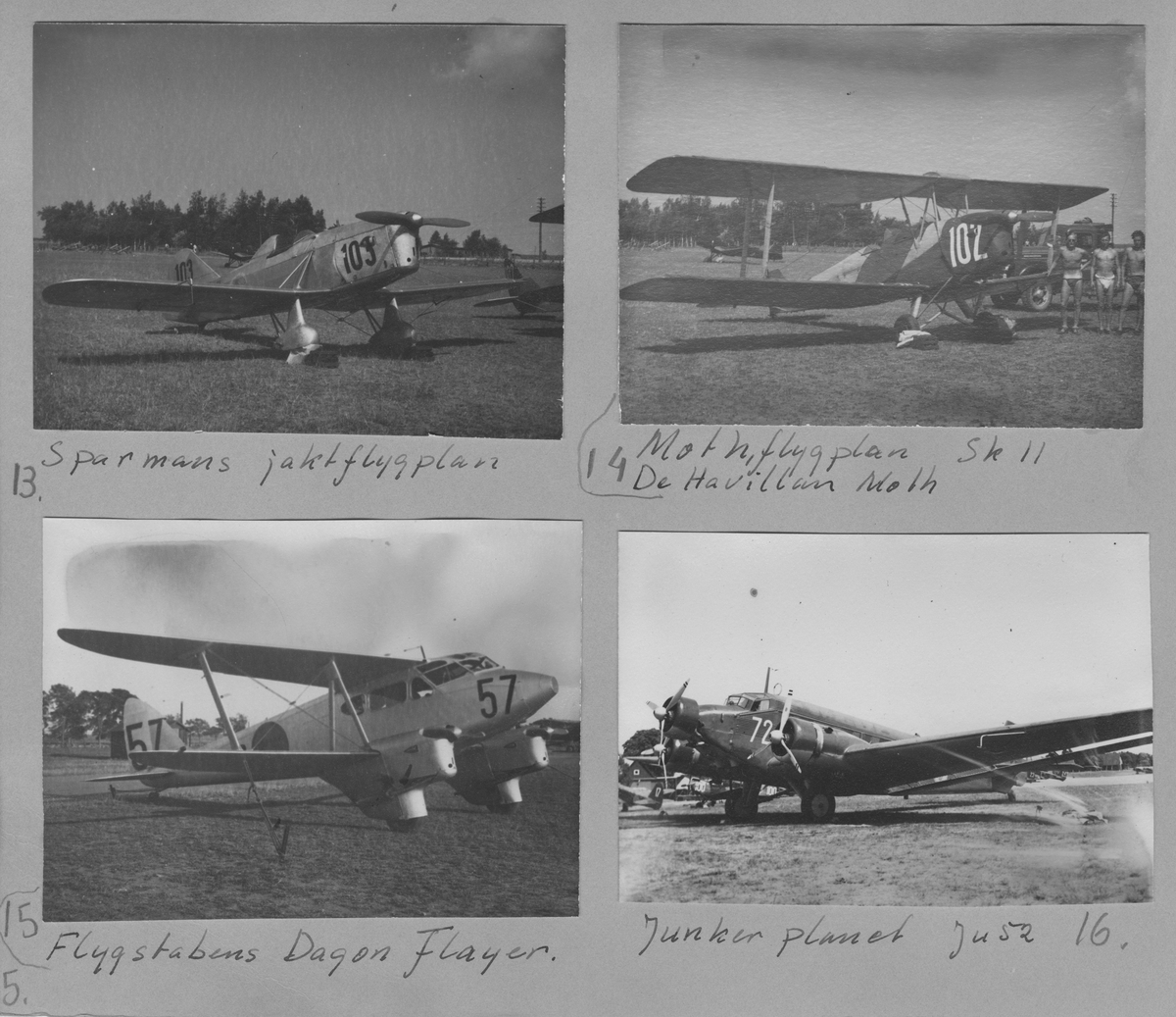 Fotografier av flygplan på F 3 Östgöta flygflottilj, omkring 1936-1940.

Tagna av värnpliktige Evert Skirgård.

27 fotografier monterade på 4 lösa albumblad.

Motiv:
Flygmekaniker i provflygplan P 5 Handley Page Hampden. Flygbild, moln 3000 meters höjd.
Flygplan: P 5 Handley Page, interiör, B 4 Hawker Hart på marken, S 6 Fokker C.V.-E på marken, B 5 Northrop på marken, P 6 Focke Wulf, exteriör på marken och interiör; styrspak och instrument, B 3 Junkers Ju 86 på marken, i luften, interiör med instrument och nos, Sk 15 Klemm Kl 35 på marken, P 1 Sparmannjagaren på marken, Sk 11 Tiger Moth på marken, Trp 3 Dragonfly på marken, Tp 5 Junkers Ju 52/53, Tp 47 Catalina på marken (bild tagen senare än angiven tidsperiod), S 14 Storch, J 9 Seversky, S 16 Caproni på marken, interiör med instrument, J 11 Fiat CR 42 på marken, J 20 Reggiane på marken.