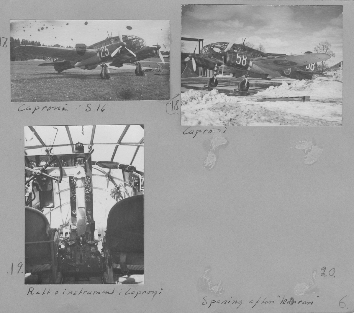 Fotografier av flygplan på F 3 Östgöta flygflottilj, omkring 1936-1940.

Tagna av värnpliktige Evert Skirgård.

27 fotografier monterade på 4 lösa albumblad.

Motiv:
Flygmekaniker i provflygplan P 5 Handley Page Hampden. Flygbild, moln 3000 meters höjd.
Flygplan: P 5 Handley Page, interiör, B 4 Hawker Hart på marken, S 6 Fokker C.V.-E på marken, B 5 Northrop på marken, P 6 Focke Wulf, exteriör på marken och interiör; styrspak och instrument, B 3 Junkers Ju 86 på marken, i luften, interiör med instrument och nos, Sk 15 Klemm Kl 35 på marken, P 1 Sparmannjagaren på marken, Sk 11 Tiger Moth på marken, Trp 3 Dragonfly på marken, Tp 5 Junkers Ju 52/53, Tp 47 Catalina på marken (bild tagen senare än angiven tidsperiod), S 14 Storch, J 9 Seversky, S 16 Caproni på marken, interiör med instrument, J 11 Fiat CR 42 på marken, J 20 Reggiane på marken.