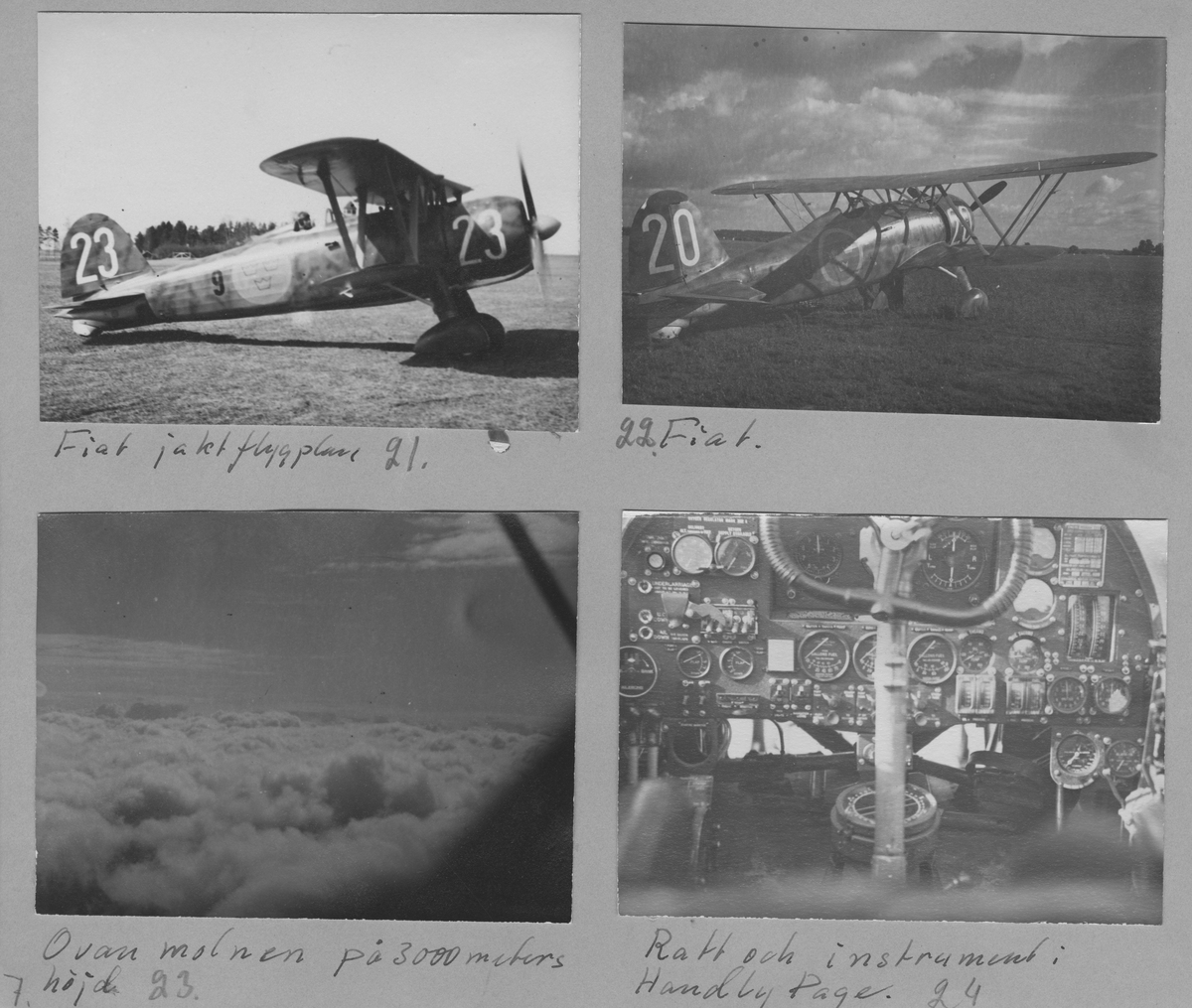 Fotografier av flygplan på F 3 Östgöta flygflottilj, omkring 1936-1940.

Tagna av värnpliktige Evert Skirgård.

27 fotografier monterade på 4 lösa albumblad.

Motiv:
Flygmekaniker i provflygplan P 5 Handley Page Hampden. Flygbild, moln 3000 meters höjd.
Flygplan: P 5 Handley Page, interiör, B 4 Hawker Hart på marken, S 6 Fokker C.V.-E på marken, B 5 Northrop på marken, P 6 Focke Wulf, exteriör på marken och interiör; styrspak och instrument, B 3 Junkers Ju 86 på marken, i luften, interiör med instrument och nos, Sk 15 Klemm Kl 35 på marken, P 1 Sparmannjagaren på marken, Sk 11 Tiger Moth på marken, Trp 3 Dragonfly på marken, Tp 5 Junkers Ju 52/53, Tp 47 Catalina på marken (bild tagen senare än angiven tidsperiod), S 14 Storch, J 9 Seversky, S 16 Caproni på marken, interiör med instrument, J 11 Fiat CR 42 på marken, J 20 Reggiane på marken.