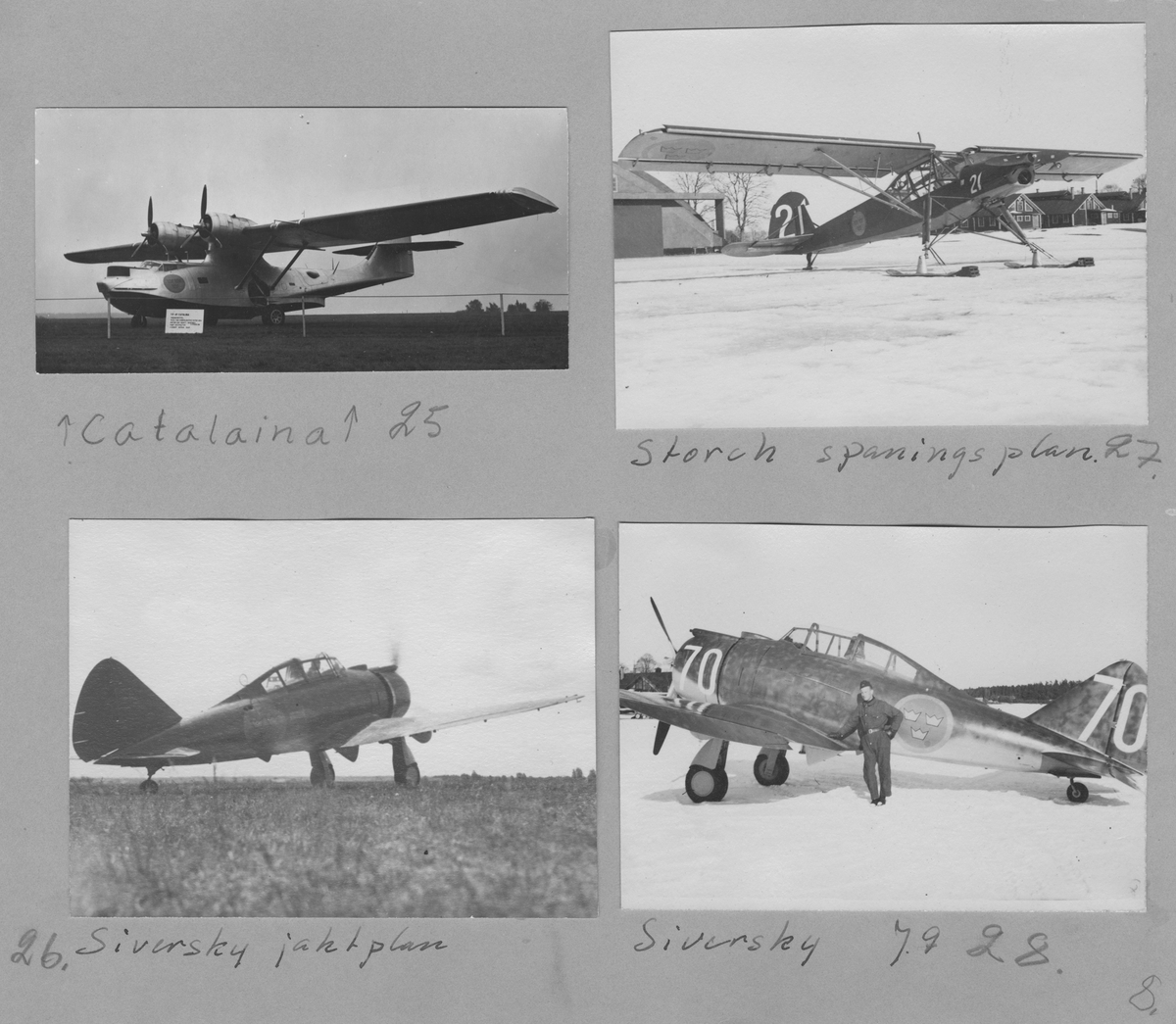 Fotografier av flygplan på F 3 Östgöta flygflottilj, omkring 1936-1940.

Tagna av värnpliktige Evert Skirgård.

27 fotografier monterade på 4 lösa albumblad.

Motiv:
Flygmekaniker i provflygplan P 5 Handley Page Hampden. Flygbild, moln 3000 meters höjd.
Flygplan: P 5 Handley Page, interiör, B 4 Hawker Hart på marken, S 6 Fokker C.V.-E på marken, B 5 Northrop på marken, P 6 Focke Wulf, exteriör på marken och interiör; styrspak och instrument, B 3 Junkers Ju 86 på marken, i luften, interiör med instrument och nos, Sk 15 Klemm Kl 35 på marken, P 1 Sparmannjagaren på marken, Sk 11 Tiger Moth på marken, Trp 3 Dragonfly på marken, Tp 5 Junkers Ju 52/53, Tp 47 Catalina på marken (bild tagen senare än angiven tidsperiod), S 14 Storch, J 9 Seversky, S 16 Caproni på marken, interiör med instrument, J 11 Fiat CR 42 på marken, J 20 Reggiane på marken.