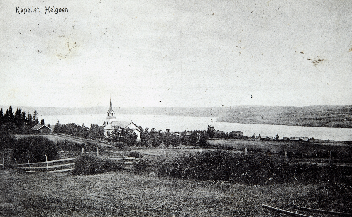 Postkort, Helgøya, Nes Ringsaker, Helgøya kirke, Helgøya kapell ble innviet i 1870.