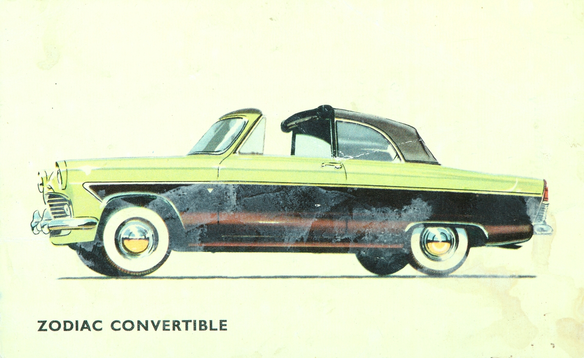 Postkort, Hamar, reklamekort fra Oplandske Automobilforretning, påminnelse om service på bilen, Zodiac Convertible, 1961/1962 modell