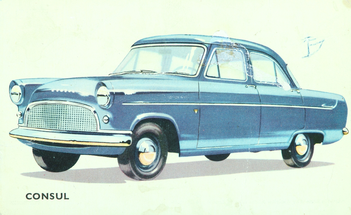 Postkort, Hamar, reklamekort fra Oplandske Automobilforretning, påminnelse om service på bilen, Ford Consul,