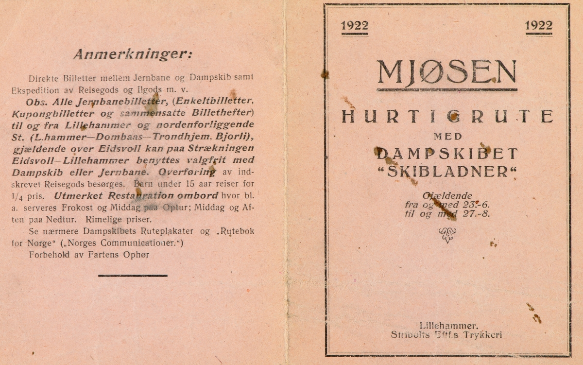 Mjøsbåten D/S Skibladner, rutetider for sesongen 1922 på Mjøsa, dampskip, ikke anløp på Hamar dette året,