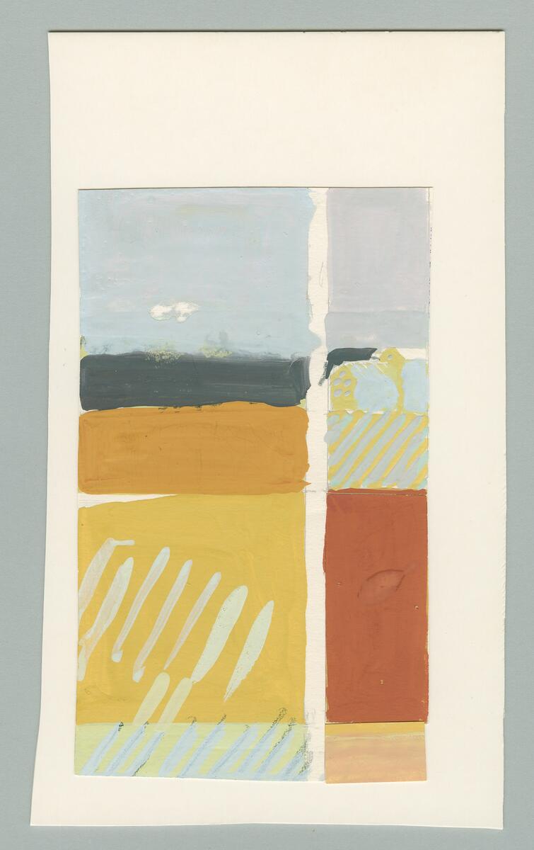 Sammonterade: Landskap i gult, svart och ljust  gråblå, små byggnader.