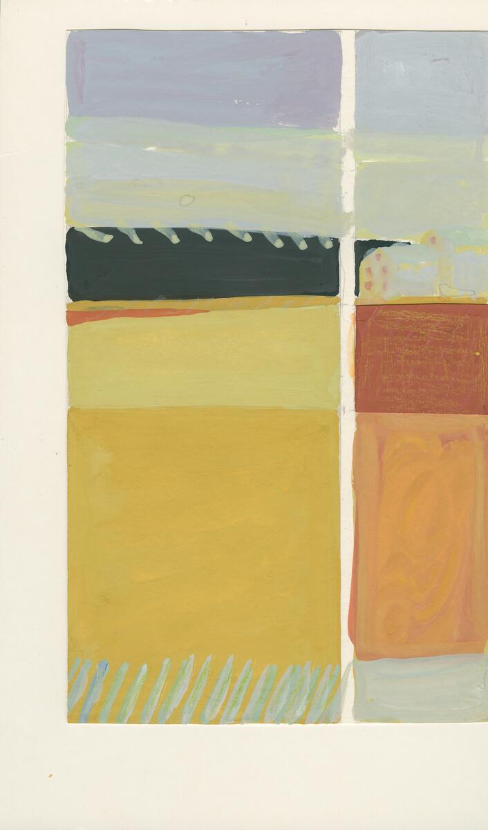 Sammonterade: Landskap i gult, svart och ljust  gråblå, små byggnader.