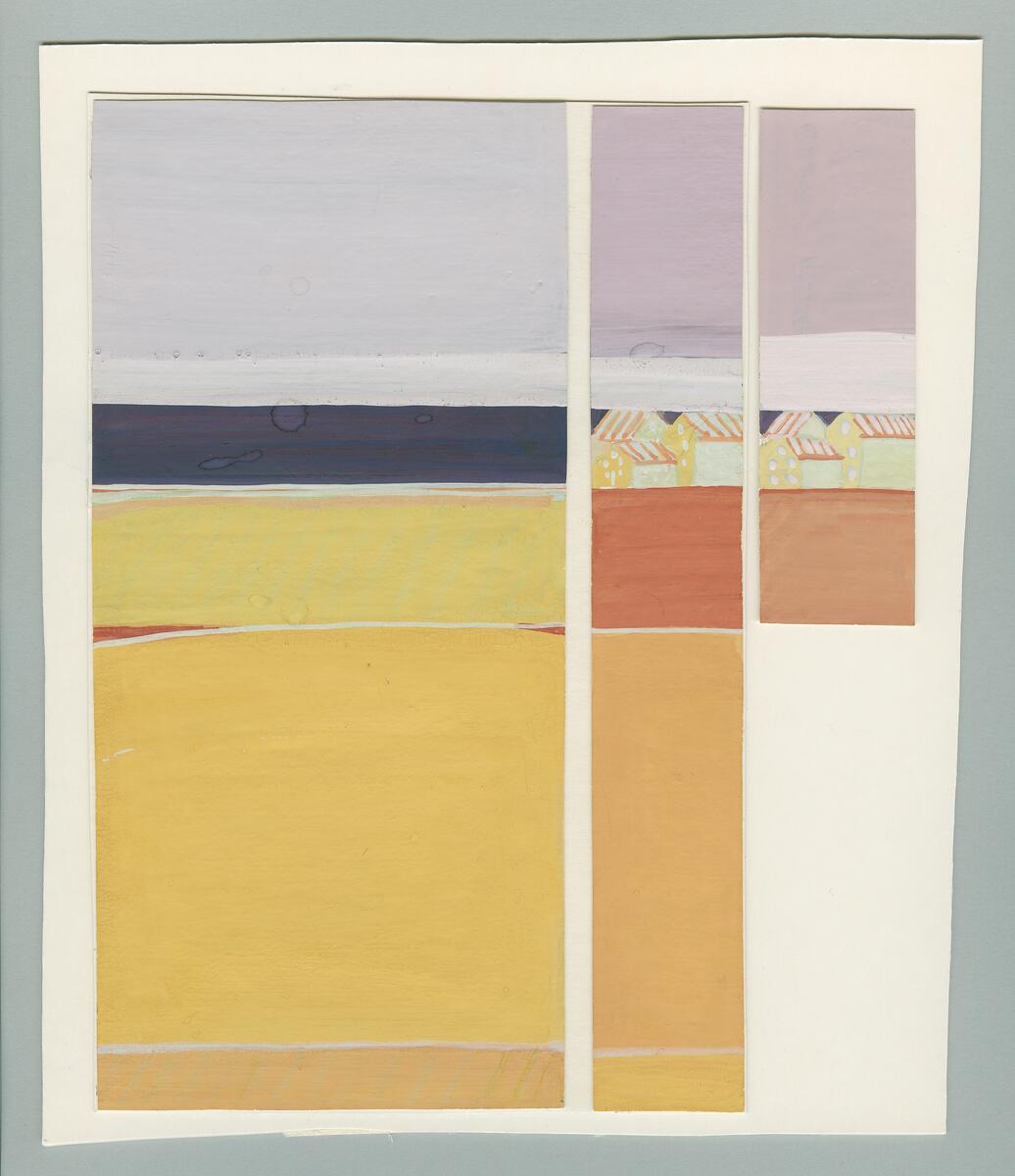 Sammonterade: Landskap i gult, svart och ljust  gråblå, små byggnader.