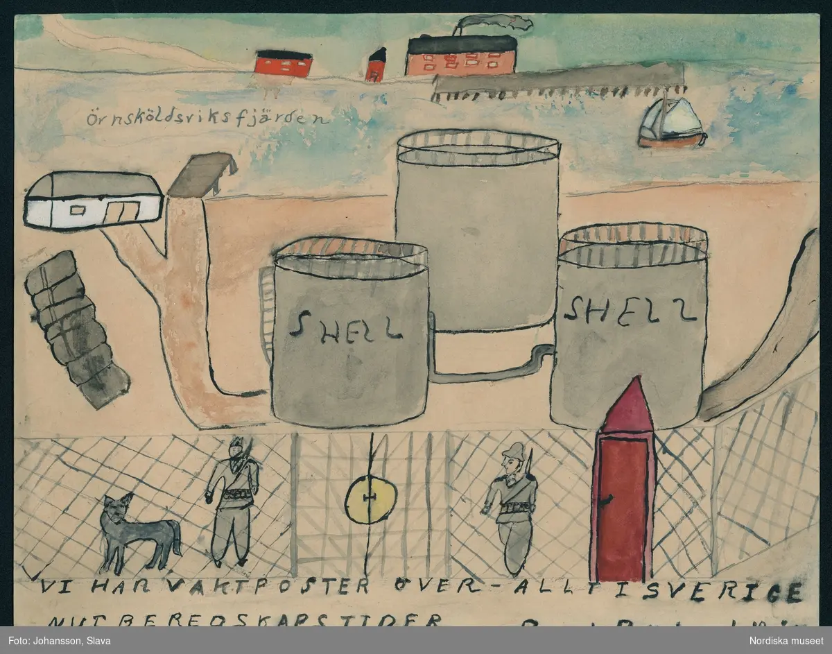 Teckning utförd av Rut Bylund 10 år. "Vi har vaktposter över-allt i Sverige nu i Beredskapstider."
Teckningen ingick i Folket i Bilds årliga pristävling 1943. Temat detta år var "Svenskarna i allvarstider".
