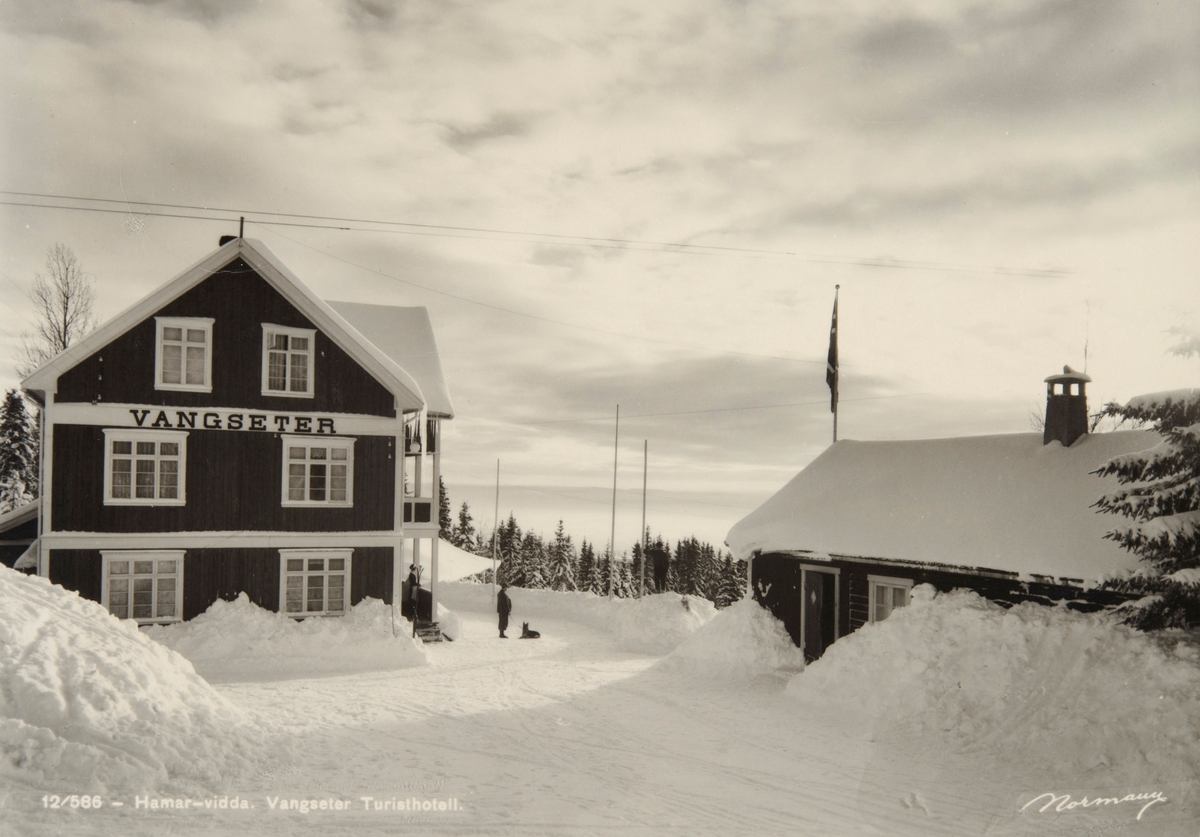 Postkort, Vang, Vangseter Hotell og Pensjonat, åpnet i oktober 1929, bygd for standardjunker Olaf Lund, fru Anne Lund sto for driften, plass for 39 gjester, Vangsåsen, kornsnes i forgrunnen,