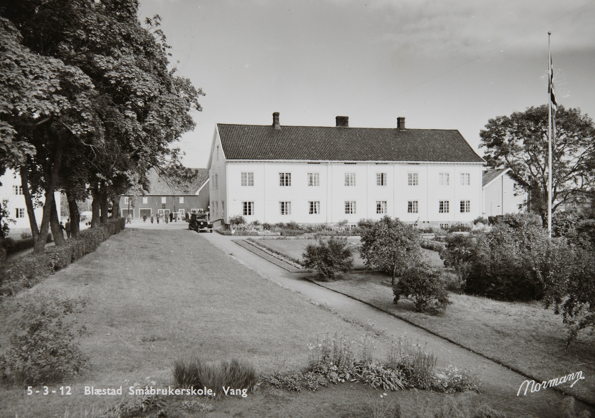 Postkort, Vang, gården Blæstad småbruksskole, Hedmark fylke kjøpte gården i 1918, hovedbygning, hageanlegg,