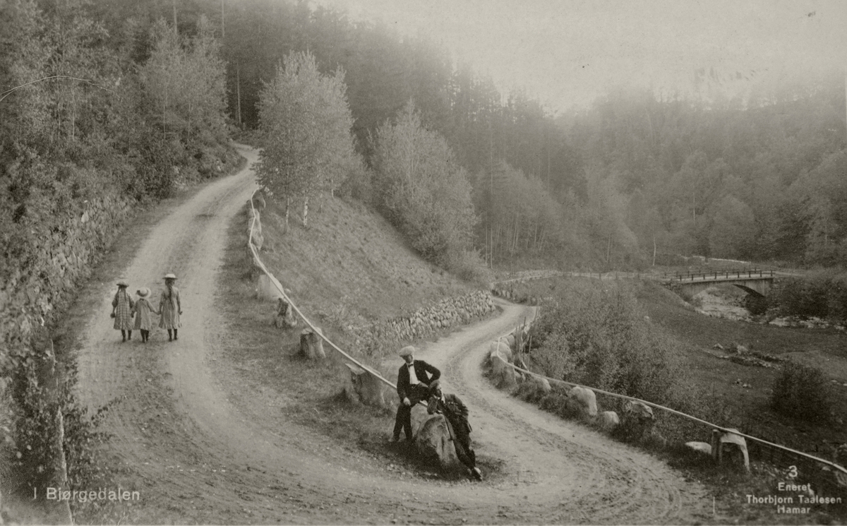 Postkort, Ringsaker - Vang, Svingete veg i Bjørgedalen, Furnes, stabbesteiner, bru over Flakgstadelva. Barna er fra venstre Berthe Røsbak f.1916, Lovise Røsbak, Marthe Røsbak. to ukjente menn,