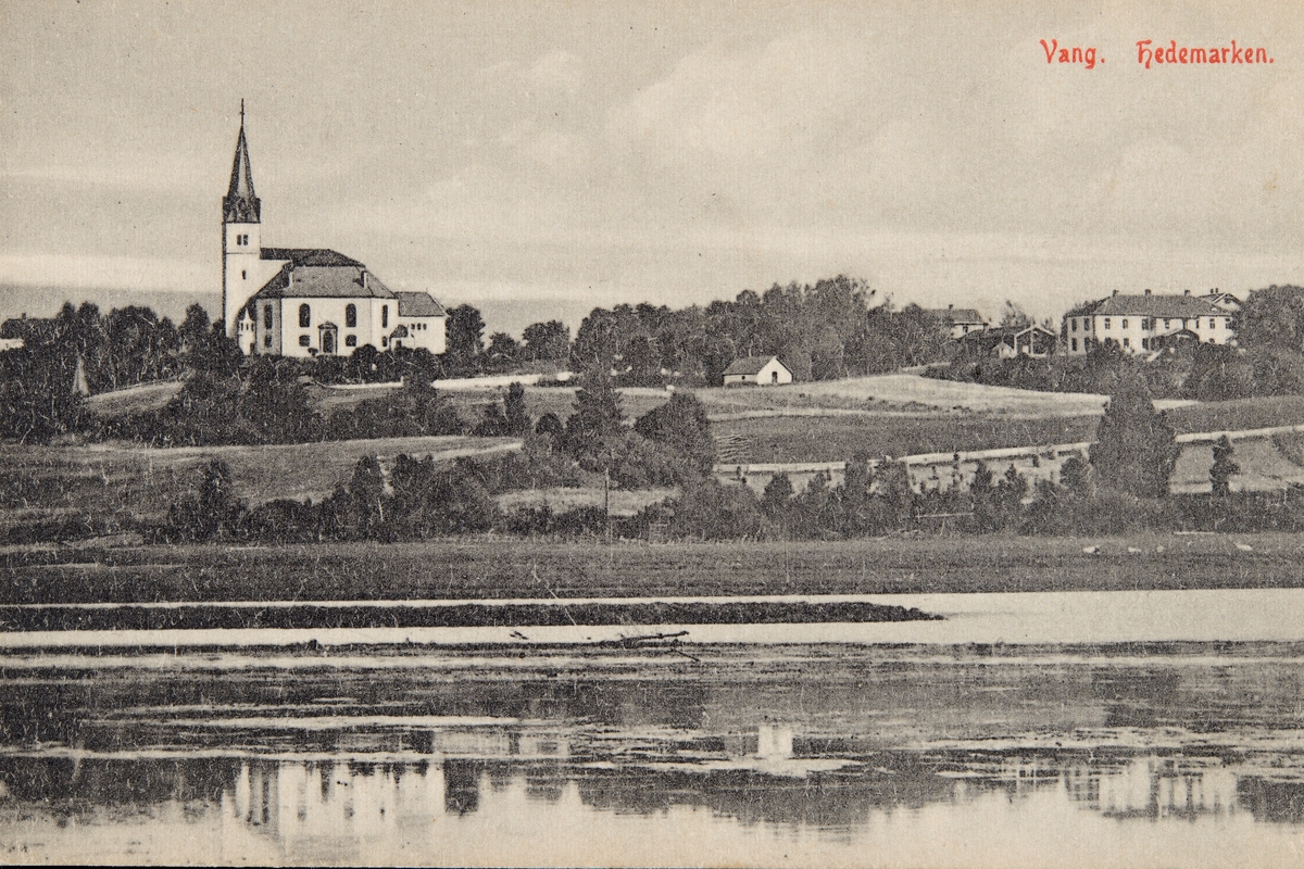 Postkort, Vang, Åkersvika, Vang kirke, Vang prestegård,