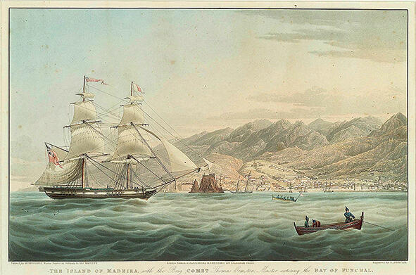 Maleri. Viser et stort seilskip og mindre båter rundt. I bakgrunnen ser man et landskap. Tittelen på maleriet er "The Island of Madeira with the Brig Comet Thomas Ormston Master entering the Bay of Funchal"