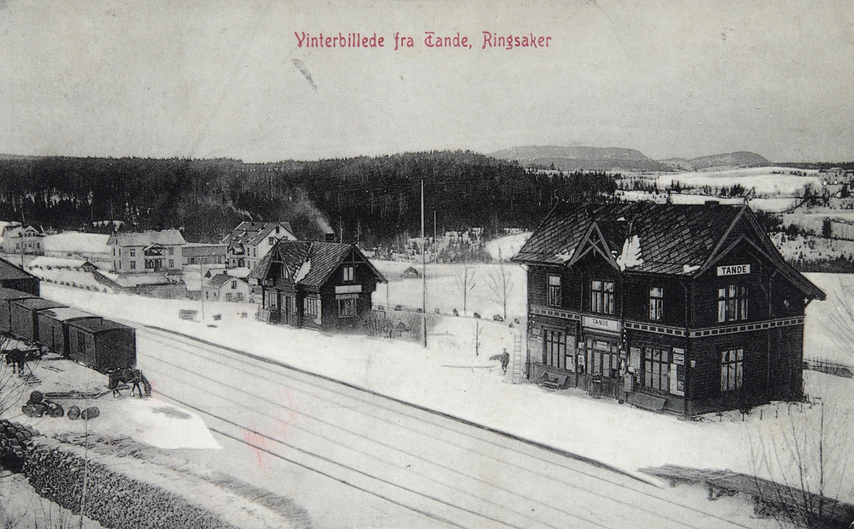 Postkort, Ringsaker stasjon, Tande stasjon, Tande handel, Bjerregård bak pakkhuset, navnendringer: Tande stasjon fra 1894 til 1913, etter 1. november 1913 Ringsaker stasjon,