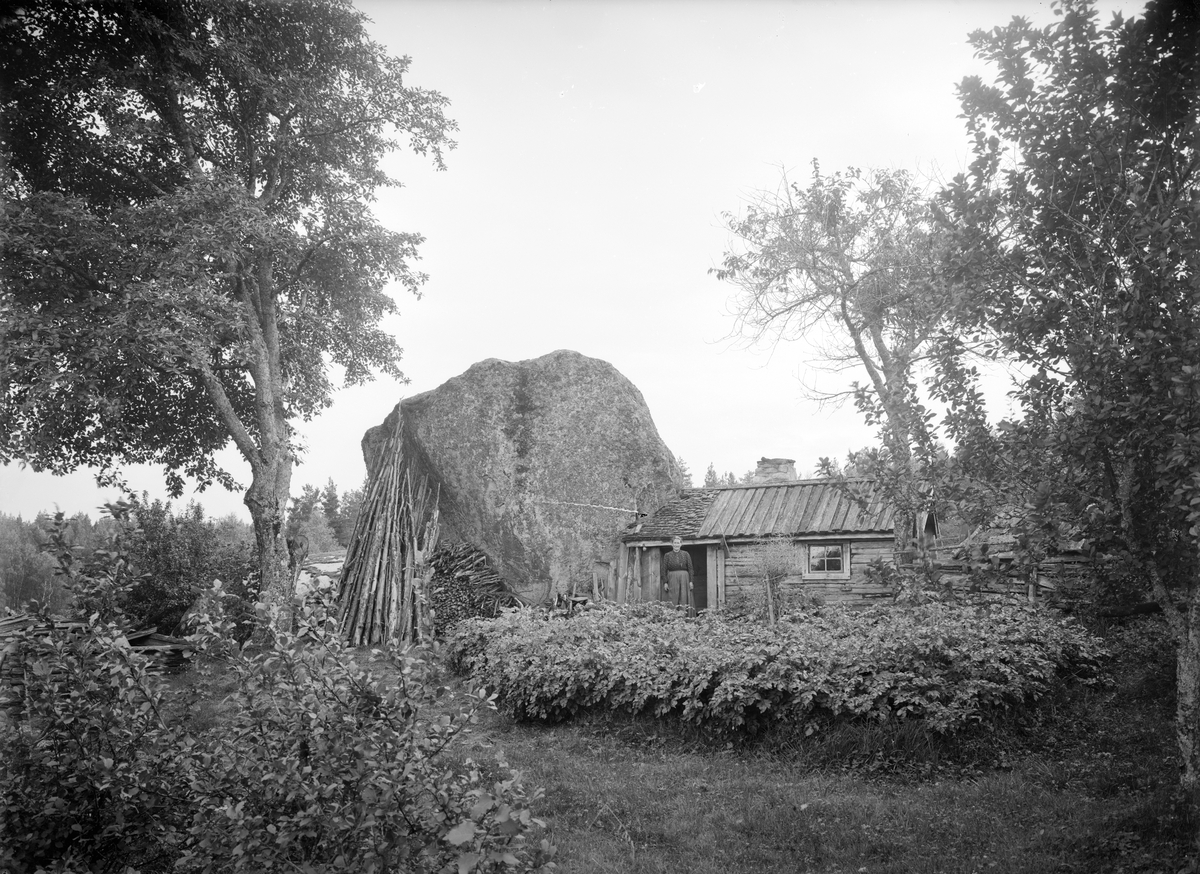 Karolina Jonsdotter utanför sitt undantag på torpet Degerhult i Ydre. Karolina hade tidigare varit torpare på Degerhult tillsammans med sin make Ludwig Karlsson. Efter att denne gått bort 1891 fick hon flytta ut till den avbildade stugan, byggd intill ett flyttblock. Här bodde hon till 1912, de första åren tillsammans med sonen Karl August. Hon avled på fattighuset 1915.