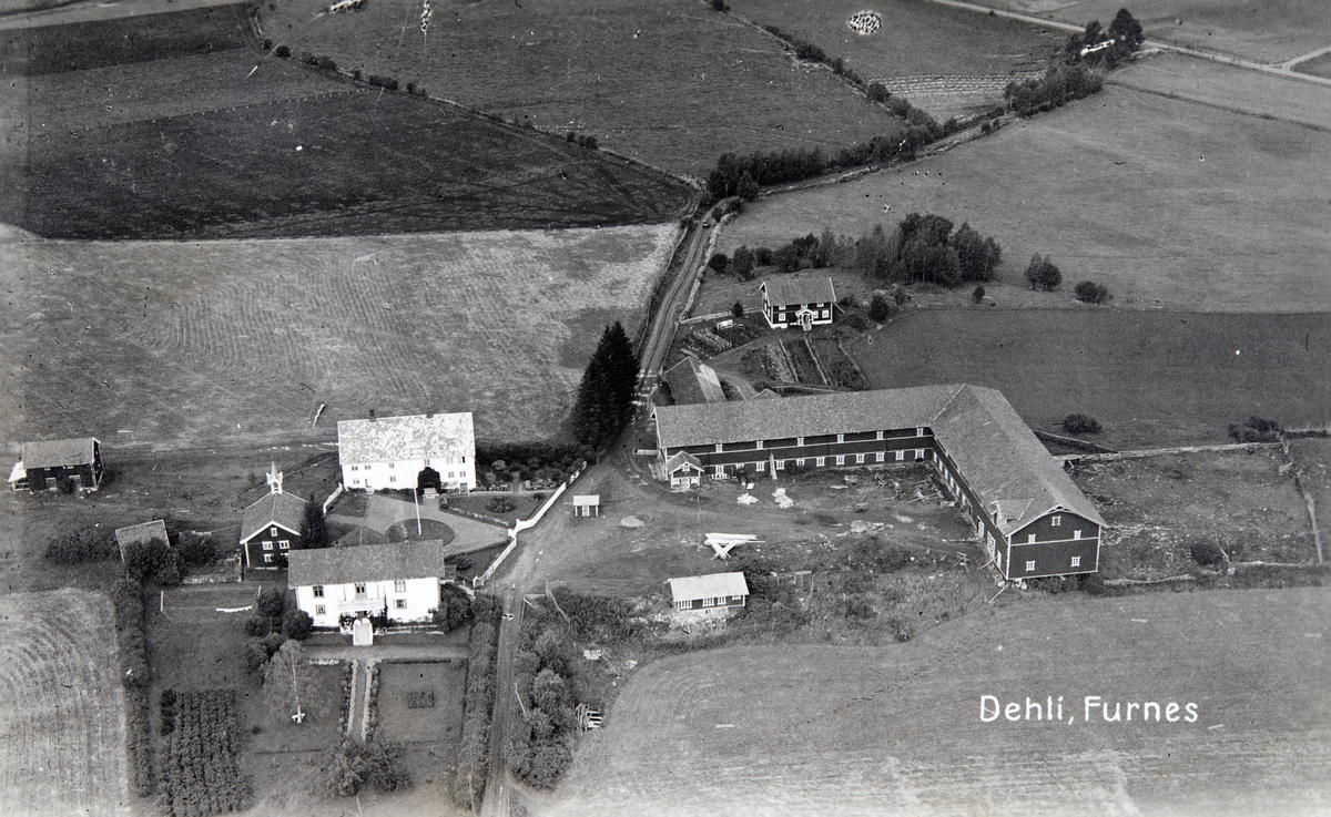 Postkort, Ringsaker, Furnes, flyfoto gården Dæli,