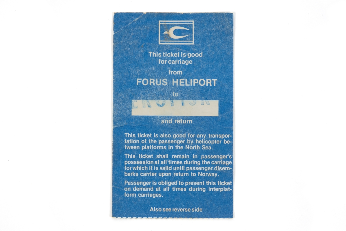 Billett og ombordstigingskort gyldig for transport fra Forus Heliport ut til Ekofisk og tilbake. Billetten var og gyldig for transport mellom plattformene i Nordsjøen.