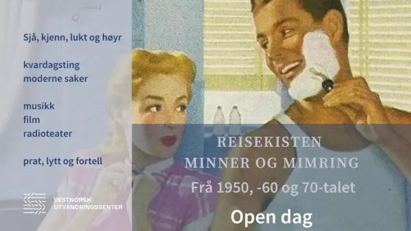 Plakat, mann og kvinne på baderommet, manen mer barberskum i ansiktet, kvinne i rosa kjole ser på. Gammel reklameplakat