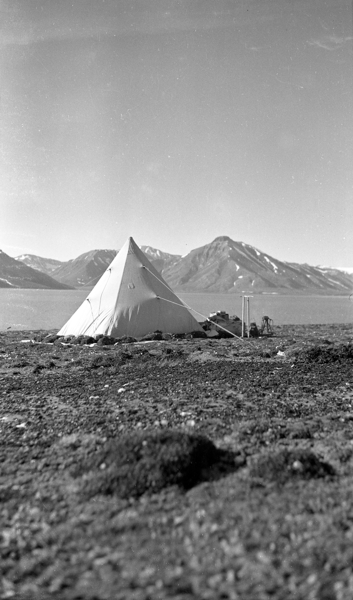 Bildet kommer fra The Cambridge Spitsbergen Expedition. Ekspedisjonen besto av seks menn, de fleste var geomorfologer, som dro fra England til Svalbard via Nordkapp og Bjørnøya om bord på Lyngen sommeren 1938. Målet deres var å kartlegge området rundt Nordenskioldbreen, Gipsvika og Brucebyen. Skannet fra negativ.