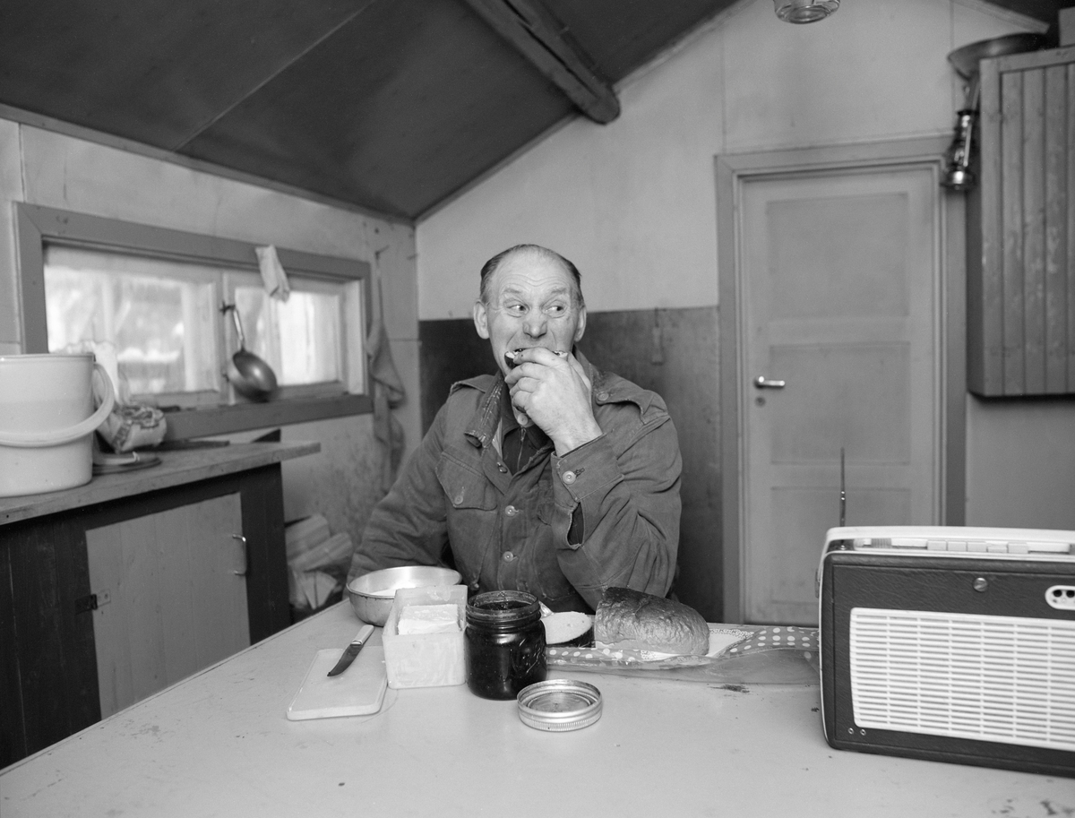 Skogsarbeider Johan Rasch spiser frokost i Smaltjernkoia i Svartholtet, Elverum, Hedmark i januar 1975.