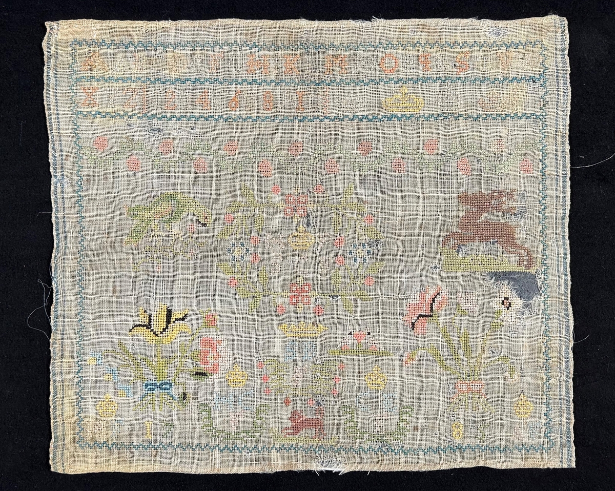 Märkduk av naturfärgat ylle, korssömsbroderier, kantbård runt om. Symmetrisk komposition. Överst två rader med bokstäver i alfabetisk ortdning, sifferrad samt fyra olika typer av kronor. Djur och blommotiv i färgerna grönt, rosa, brunt, grått, gult och blått.