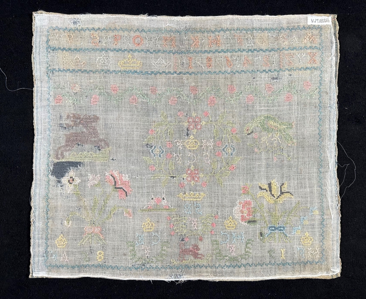 Märkduk av naturfärgat ylle, korssömsbroderier, kantbård runt om. Symmetrisk komposition. Överst två rader med bokstäver i alfabetisk ortdning, sifferrad samt fyra olika typer av kronor. Djur och blommotiv i färgerna grönt, rosa, brunt, grått, gult och blått.