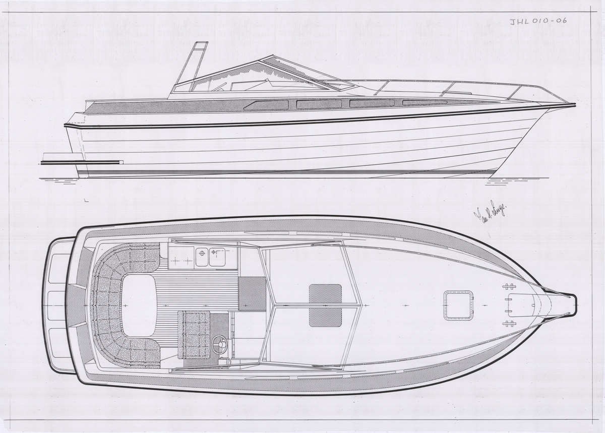 Dreamling 3200. Cabin cruiser. (Side og topp layout). 2 stk. 165 HP, BMW Diesel. 1:20