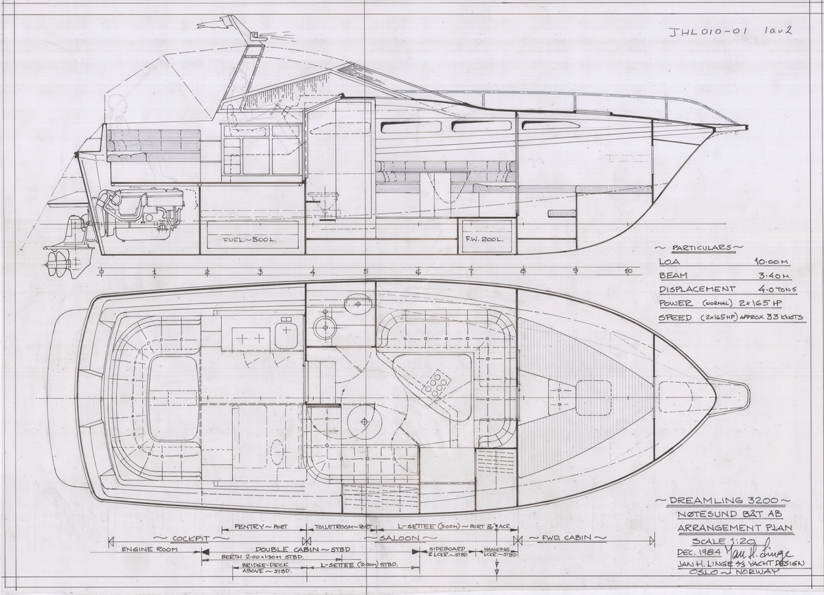 Dreamling 3200. Cabin cruiser. Arrangement Plan. 2 stk. 165 HP, BMW Diesel. 1:20