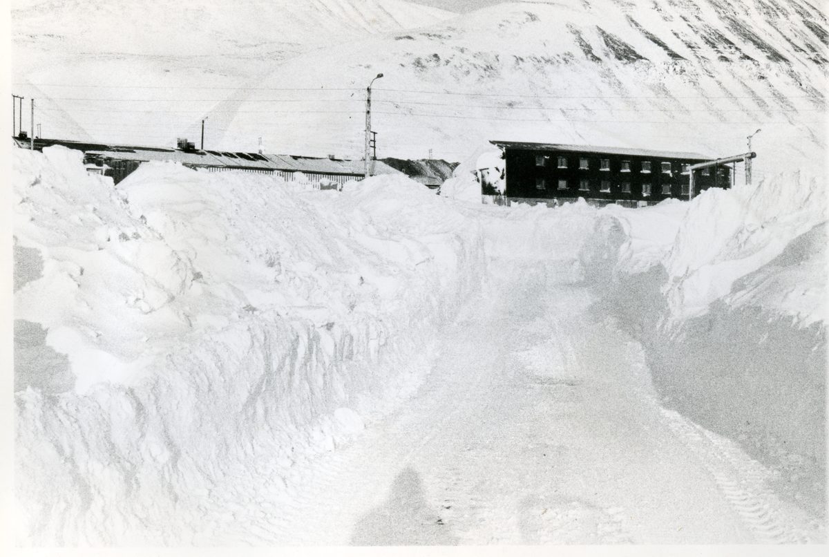 Fra flyplass mot forlegning. Bilder hentet fra Saloonen i Sveagruva 2019 i forb. med oppryddingen.Tilhører aksesjon 2019:15, SVB 9232 Album fra mars 1979, svært mye snø.