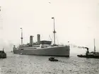 Foto i svartvitt visande passagerarturbinångfartyget Stavangerfjord i Köpenhamn under 1930-talet