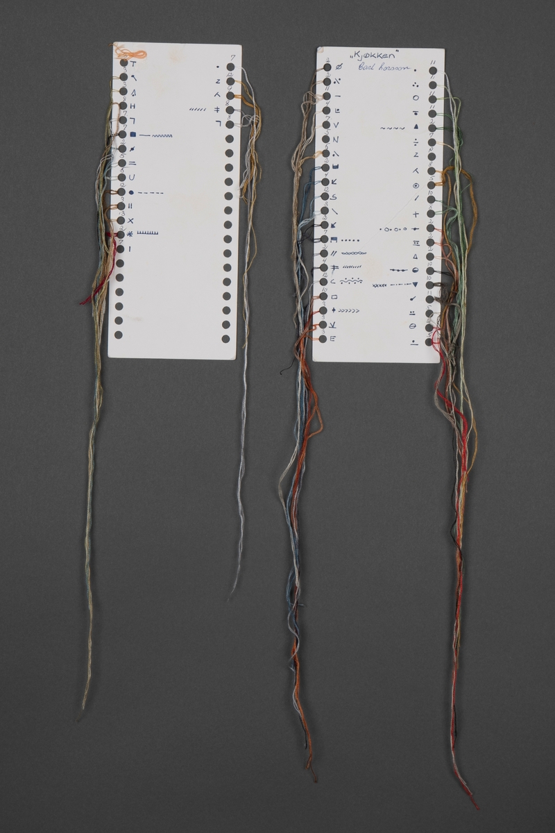 Broderi på papir av restetråder fra korsstingsbroderi påbegynt av kunstneren selv på et tidligere tidspunkt, fullført av kunstnerens mor en stund senere. Det opprinnelige broderisettet hadde tittelen "Vægbillede: Køkken", nummerert 12-479 av produsent Eva Rosenstand. Kunstner Tina Jonsbu har brodert verket "Køkken" til alle trådene er oppbrukt (foruten én tråd av hver farge som står igjen på trådkortet). Én farge er brodert av gangen med dobbel tråd, alle med startpunkt midt på arket. Trådendene er festet pent på baksiden av arket. Arkets proporsjoner forholder seg til det opprinnelige broderiets originalformat (55 x 75 cm), men har en størrelse som tar utgangspunkt i A6. I løpet av broderiprosessen har arket blitt så stivt og tykt at det har bøyd seg til en tredimensjonal skålform. Verkets motiv bærer originalintensjonen (en adapsjon av Carl Larssons kjente akvarell "Køket", 1898) vagt med seg, selv om det er abstrahert til det ugjenkjennelige. Sammen med broderiet, følger det gamle mønsterarket i posen fra Eva Rosenstand og to trådkort.