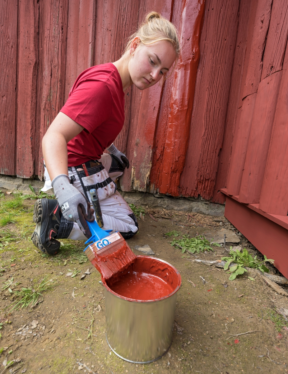 Marie Randen, hospitant hos Glomdalsmuseet via Norsk håndverksinstitutt, fotografert mens hun malte en vegg på en av Skogmuseets bygninger under De nordiske jakt- og fiskedagene 2023 på Norsk skogmuseum i  Elverum, Hedmark, Innlandet. Under arrengementet
kokte hun maling. Malingen som ble produsert fra bunnen av var rød komposisjonsmaling, og malingen ble påført veggen for å demonstrere prsessen for publikum.