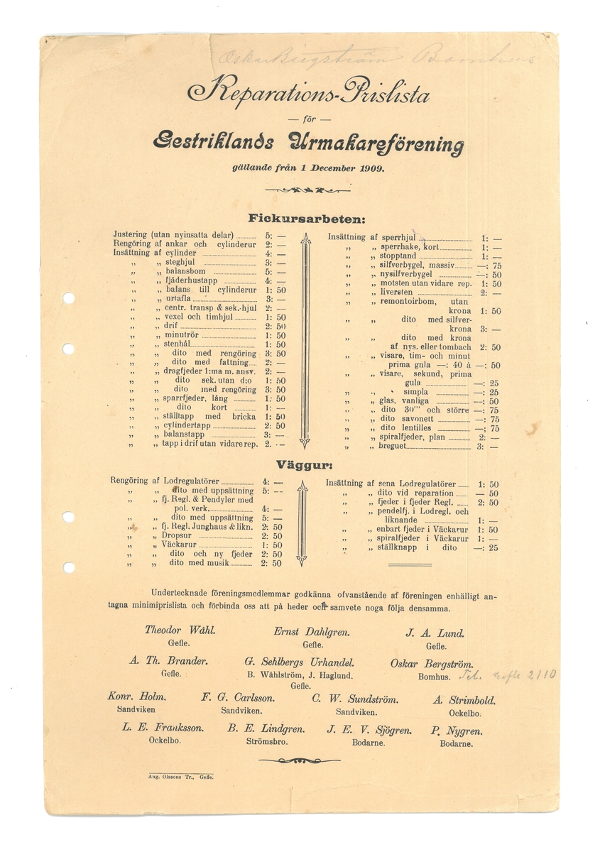 Reparations-prislista för Gästriklands urmakareförening, 1909.