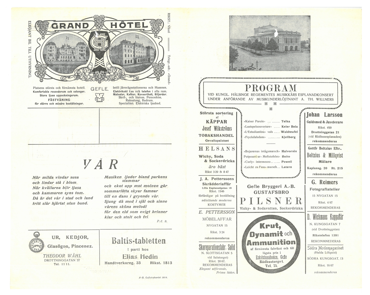 Esplanadkonsert 1914. Program vid Kungl. Hälsinge Reg:tes musikkårs under anförande av musikunderlöjtnant A. Th. Willners.