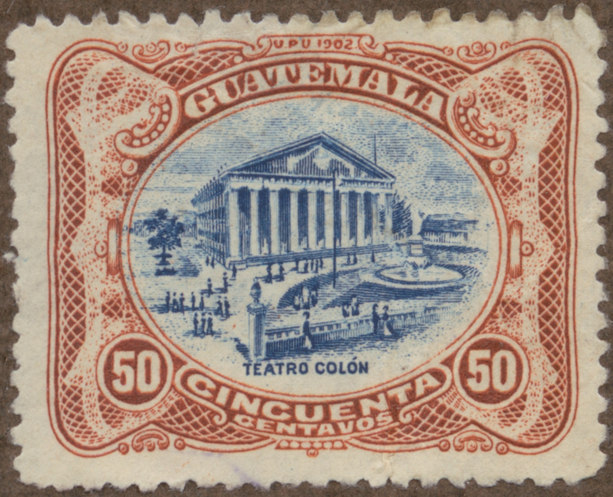 Frimärke ur Gösta Bodmans filatelistiska motivsamling, påbörjad 1950.
Frimärke från Guatemala, 1902. Motiv av "Teatro Colón": Columbus teatern