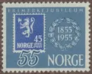 Frimärke ur Gösta Bodmans filatelistiska motivsamling, påbörjad 1950.
Frimärke från Norge, 1955. Motiv av Reproduktion av norskt frimärke från 1922 