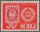 Frimärke ur Gösta Bodmans filatelistiska motivsamling, påbörjad 1950.
Frimärke från Norge, 1955. Motiv av Reproduktion av frimärke fr. 1872 3 skilling röd 