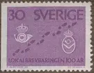 Frimärke ur Gösta Bodmans filatelistiska motivsamling, påbörjad 1950.
Frimärke från Sverige, 1962. Motiv av Brevbärning -Spår i snön- Svenska Lokalbrevbärningen 100 år: 1862-1962.